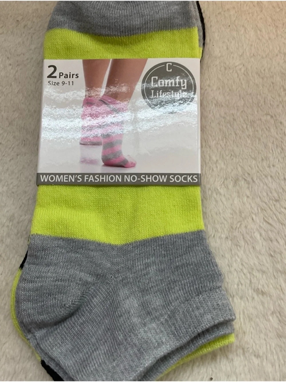 Women's No-Show Socks in Grey and Neon Yellow - 2 Pairs